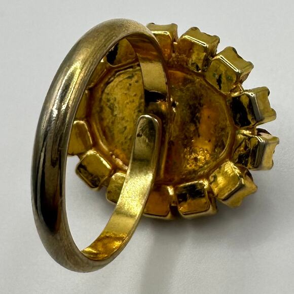 Vintage 1950s gold tone art glass cabochon rhinestones adjustable cocktail ring - Picture 5 of 8
